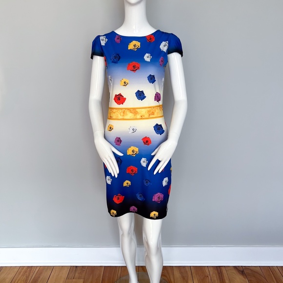 Red Tulip Mini Bodycon Stretch Floral Summer Dress Blue Multicolor Roses Dali 4 - Picture 3 of 16